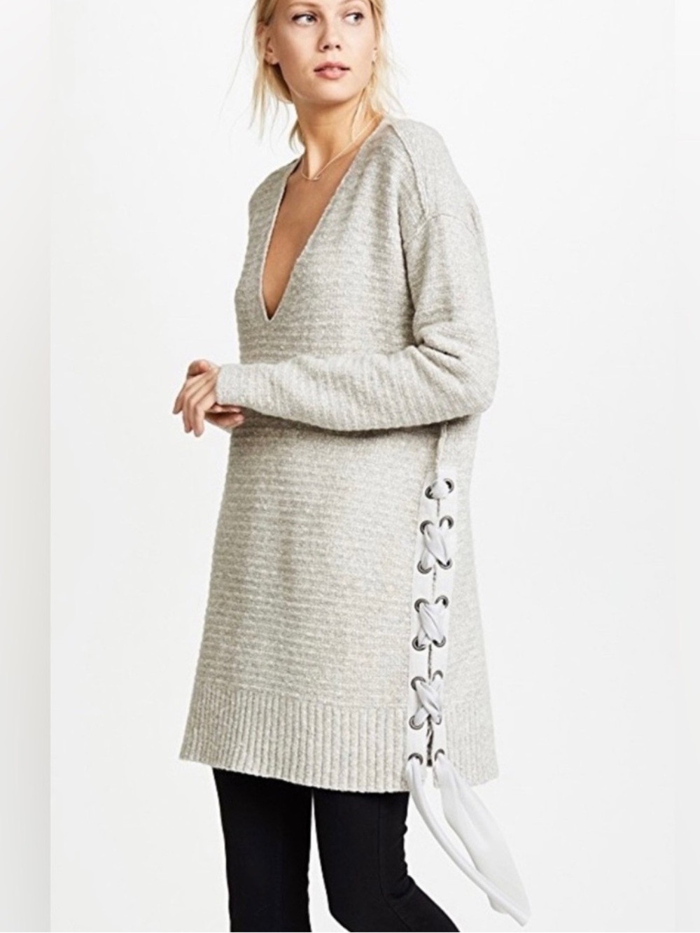 Free People Gray Lace Up Oversized V Neck Sweater XS Knit Tunic with Side Bow